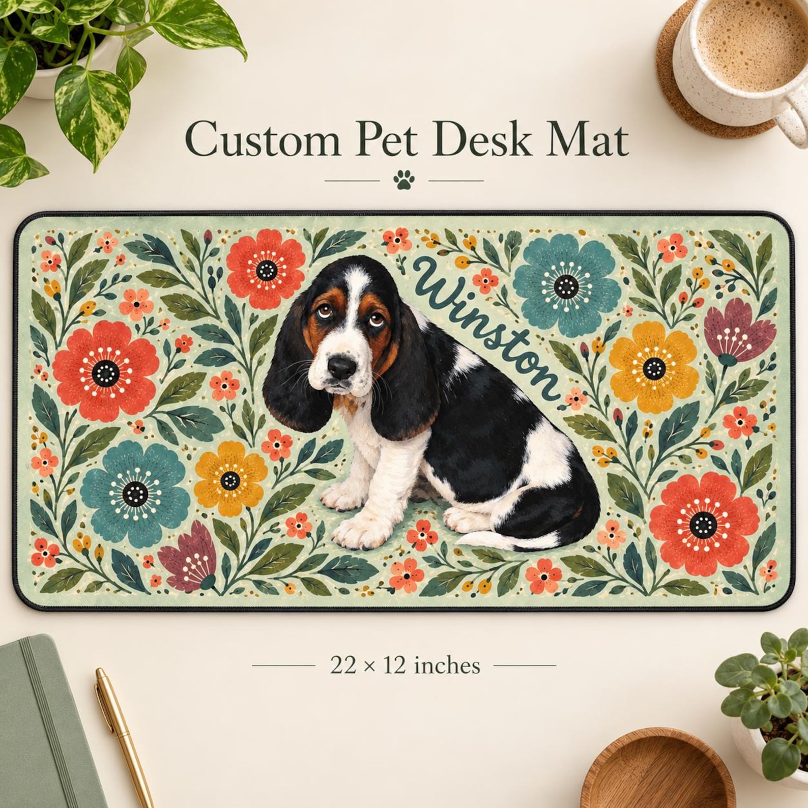 Custom Pet Portrait Desk Mat with Name, Floral Dog or Cat Mouse Pad