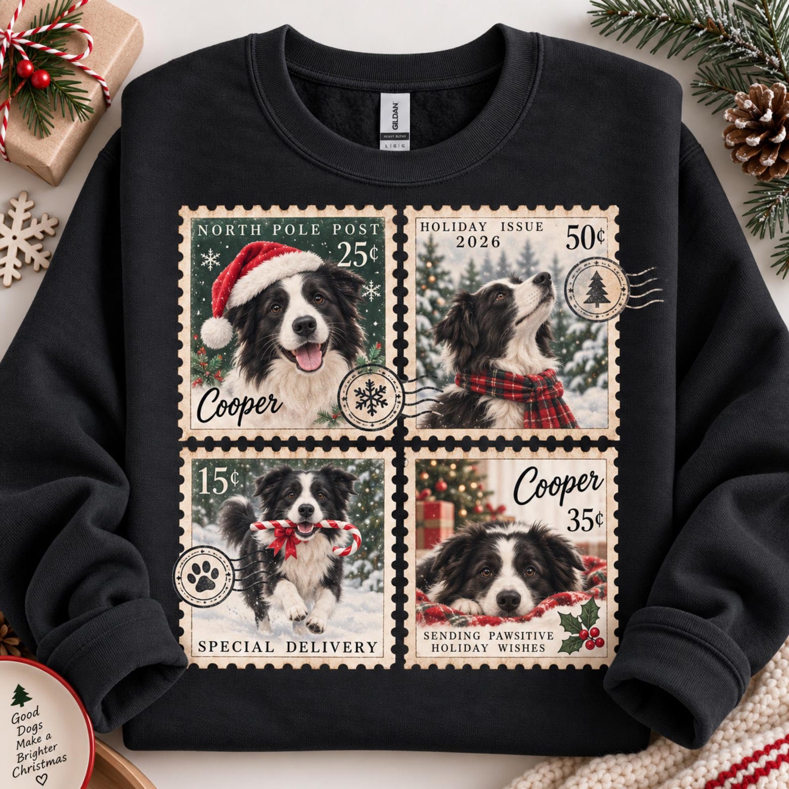 Custom Pet Christmas Sweatshirt, Personalized Dog Photo & Name Shirt, Vintage Pet Stamp Print, Christmas Gift for Dog Mom, Pet Lover Gift