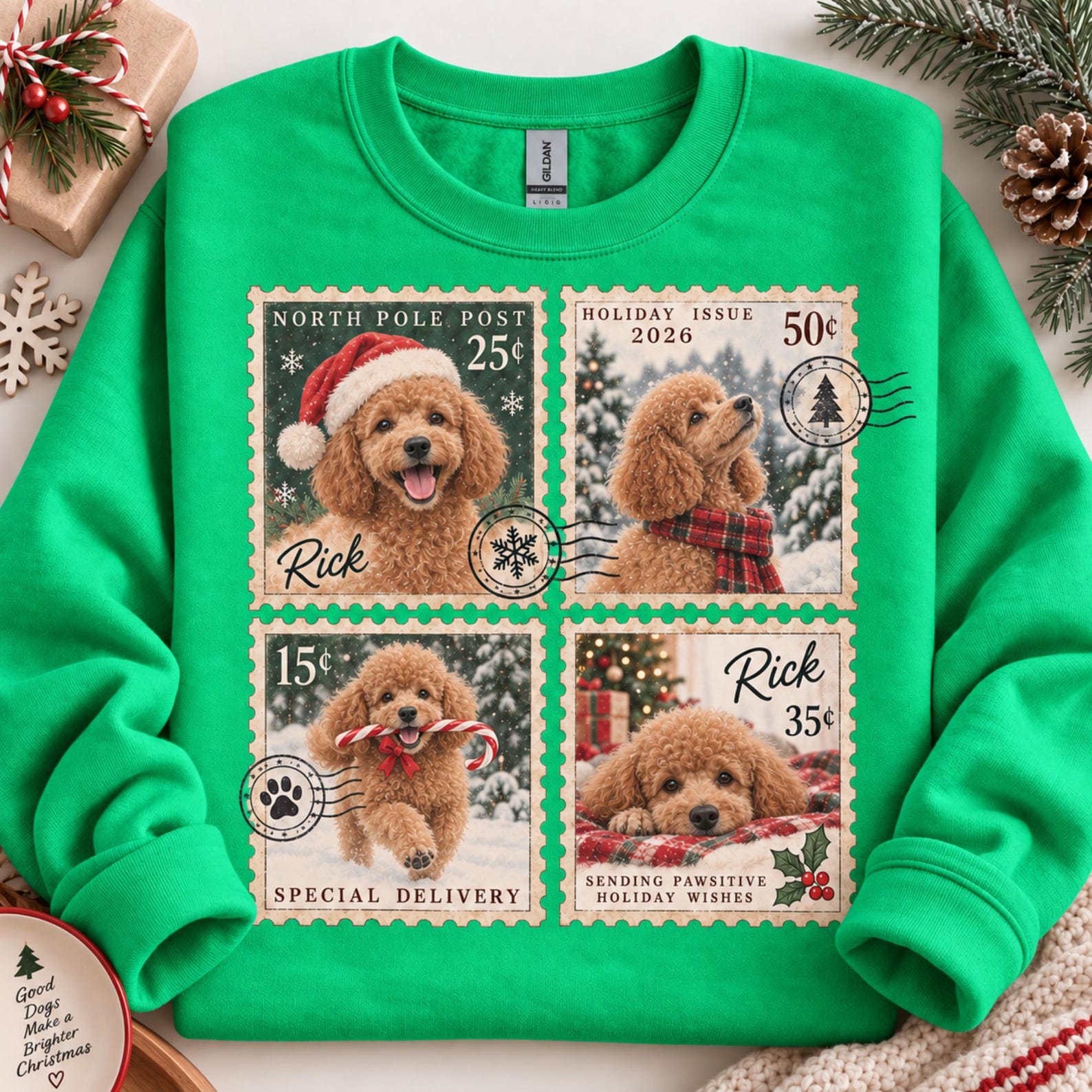 Custom Pet Christmas Sweatshirt, Personalized Dog Photo & Name Shirt, Vintage Pet Stamp Print, Christmas Gift for Dog Mom, Pet Lover Gift