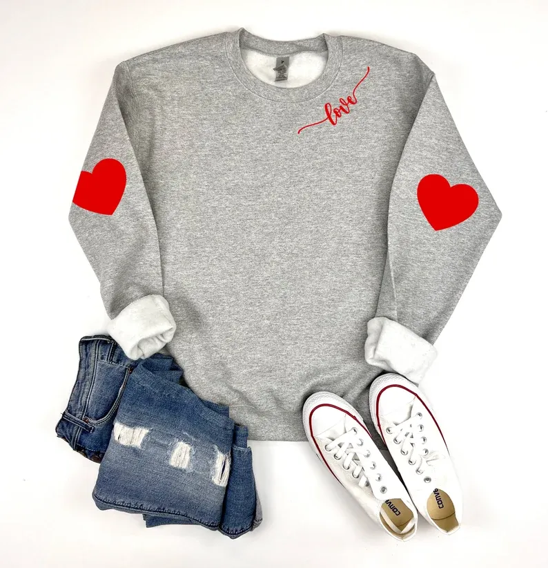 Cute Heart-Shaped Elbow Patch Valentine's Day Sweatshirt