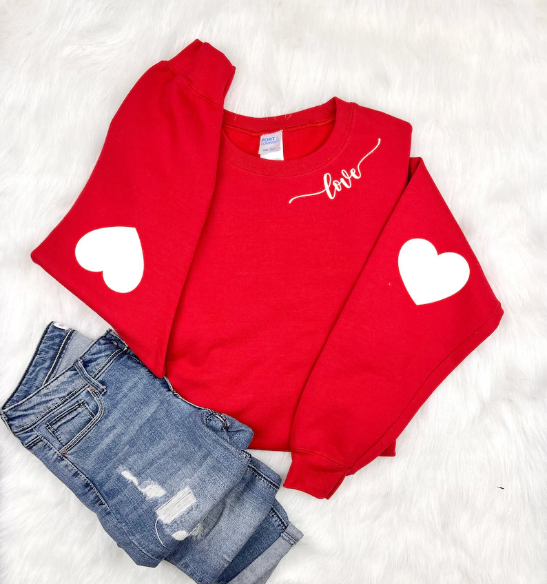 Cute Heart-Shaped Elbow Patch Valentine's Day Embroidered Sweatshirt