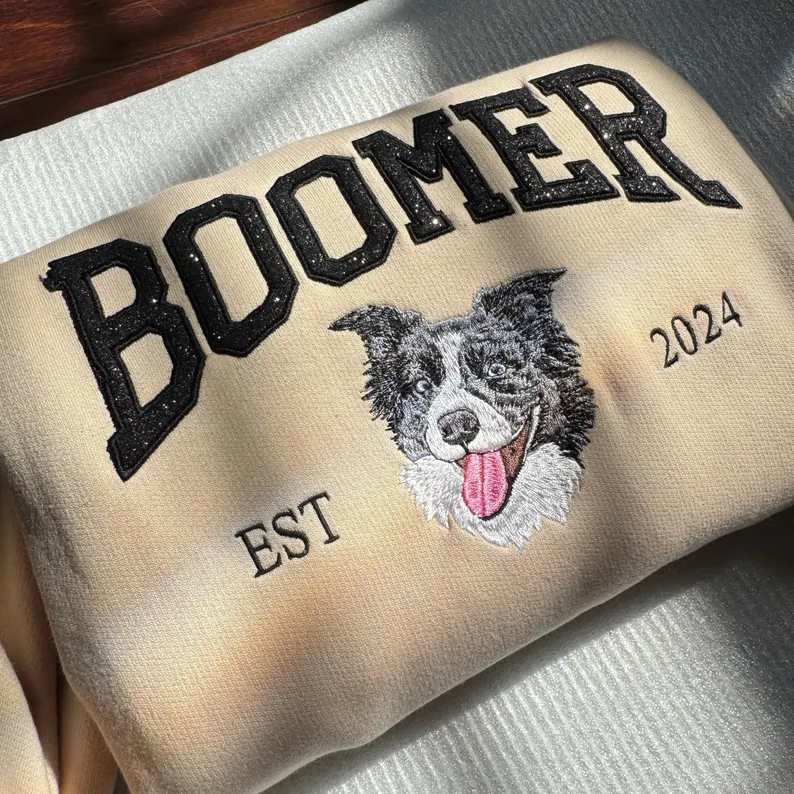 Custom Sequin Pet Embroidered Sweatshirt, Personalized Dog Portrait & Name, Sparkle Letter Design, Custom EST Year, Pet Lover Gift