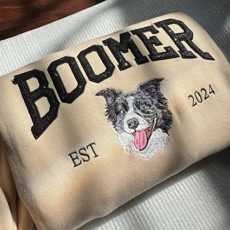 Custom Sequin Pet Embroidered Sweatshirt, Personalized Dog Portrait & Name, Sparkle Letter Design, Custom EST Year, Pet Lover Gift