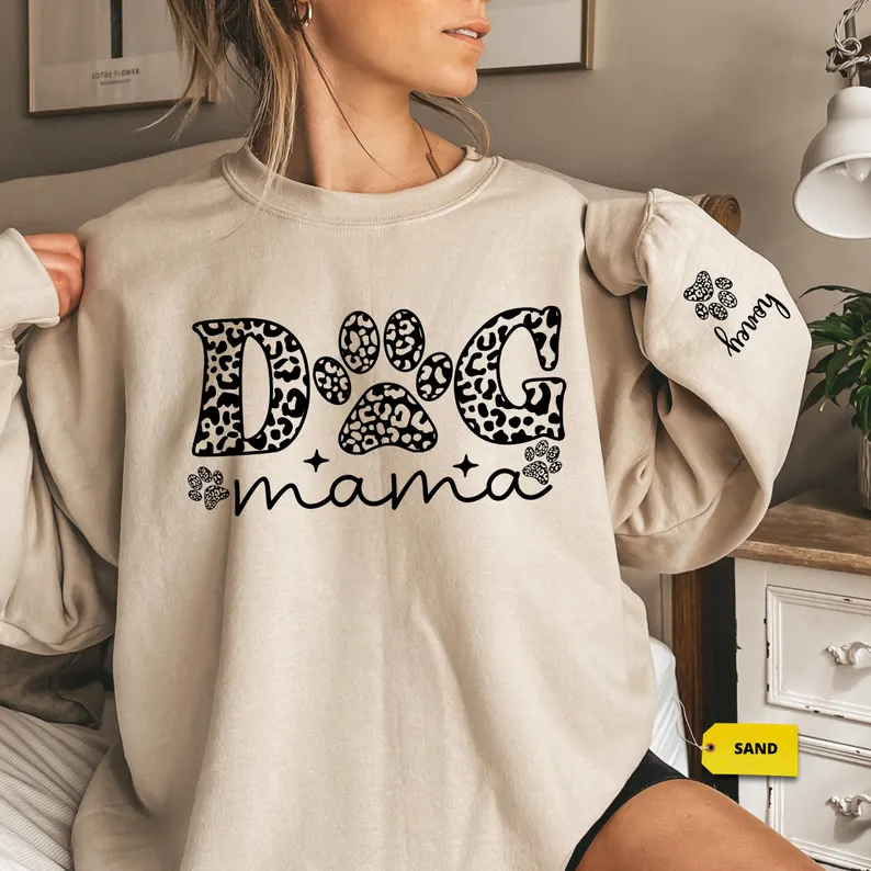Custom Leopard Dog Mom Sweatshirt, Personalized Pet Name Sleeve, Dog Mama Pullover, Animal Print Pet Lover Gift