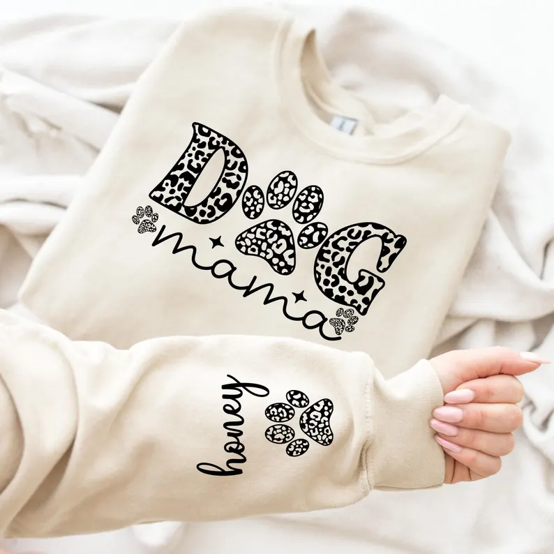 Custom Leopard Dog Mom Sweatshirt, Personalized Pet Name Sleeve, Dog Mama Pullover, Animal Print Pet Lover Gift