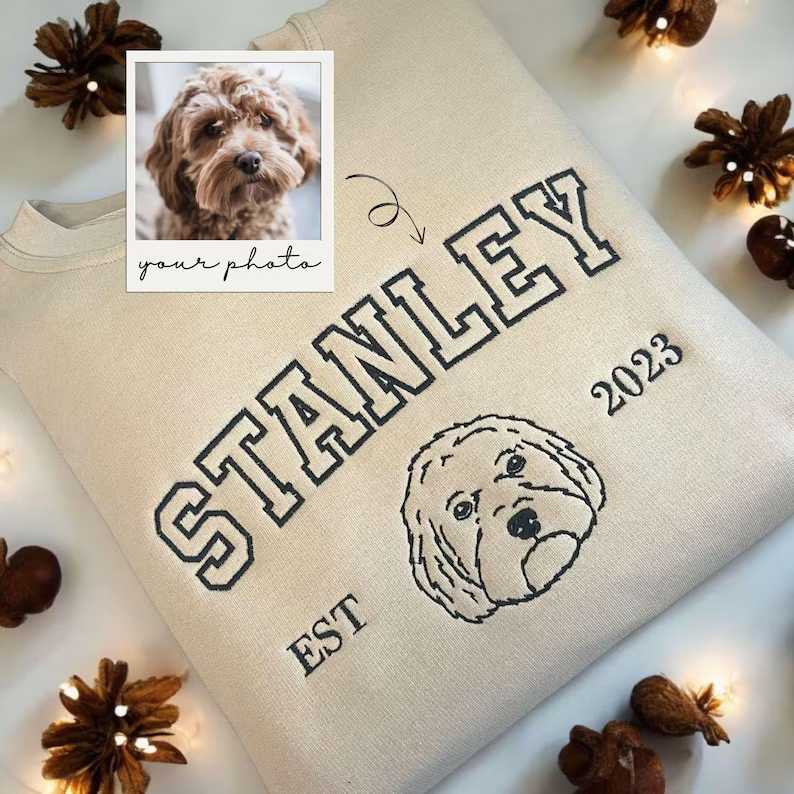 Custom Pet Outline Embroidered Hoodie, Personalized Dog Name & Pet Face from Your Photo, Varsity Style Sweatshirt, Custom EST Year, Dog Lover Gift
