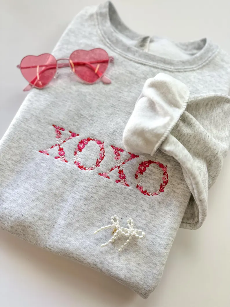 Embroidered XOXO Floral Sweats Valentines Flower Letter Hoodies