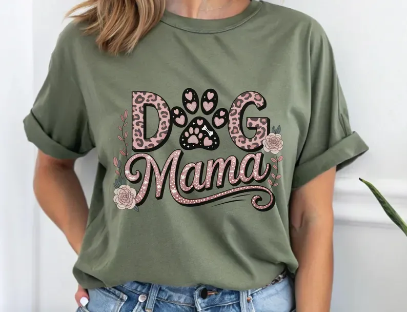 Custom Sparkle Pet Mom T-Shirt, Personalized Pet Name on Sleeve, Rose & Leopard Print Graphic Tee, Stylish Dog Mom Shirt, Pet Lover Gift