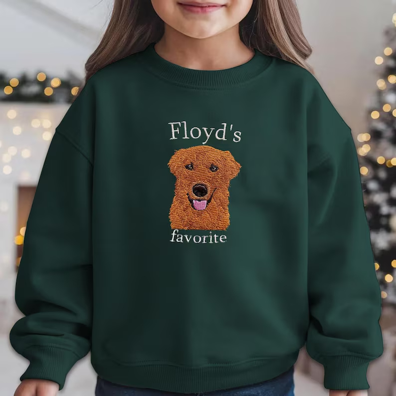 Custom Pet Embroidery Kids Sweatshirt, Personalized Dog Portrait Crewneck, Protected by My Dog Sweatshirt, Custom Pet Name Pullover, Pet Lover Gift