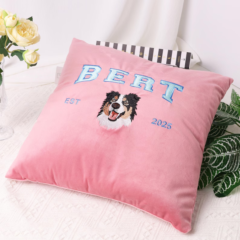 Custom Embroidered Dog Pillow, Personalized Pet Portrait Pillow, Dog Mom Gift, Unique Gift for Pet Lovers