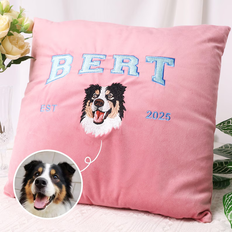 Custom Embroidered Dog Pillow, Personalized Pet Portrait Pillow, Dog Mom Gift, Unique Gift for Pet Lovers