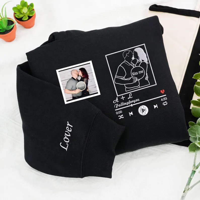 Customized Couple Photos Embroidered Sweats , Personalized Love Song Hoodies