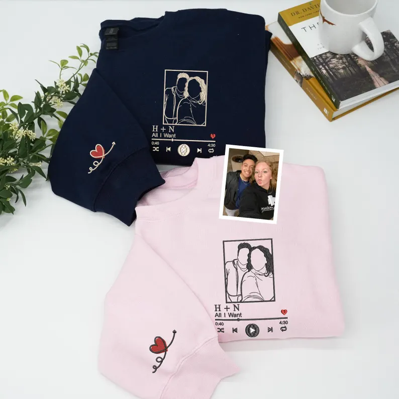 Customized Couple Photos Embroidered Sweats , Personalized Love Song Hoodies