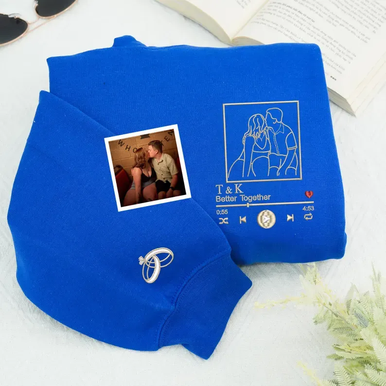Customized Couple Photos Embroidered Sweats , Personalized Love Song Hoodies