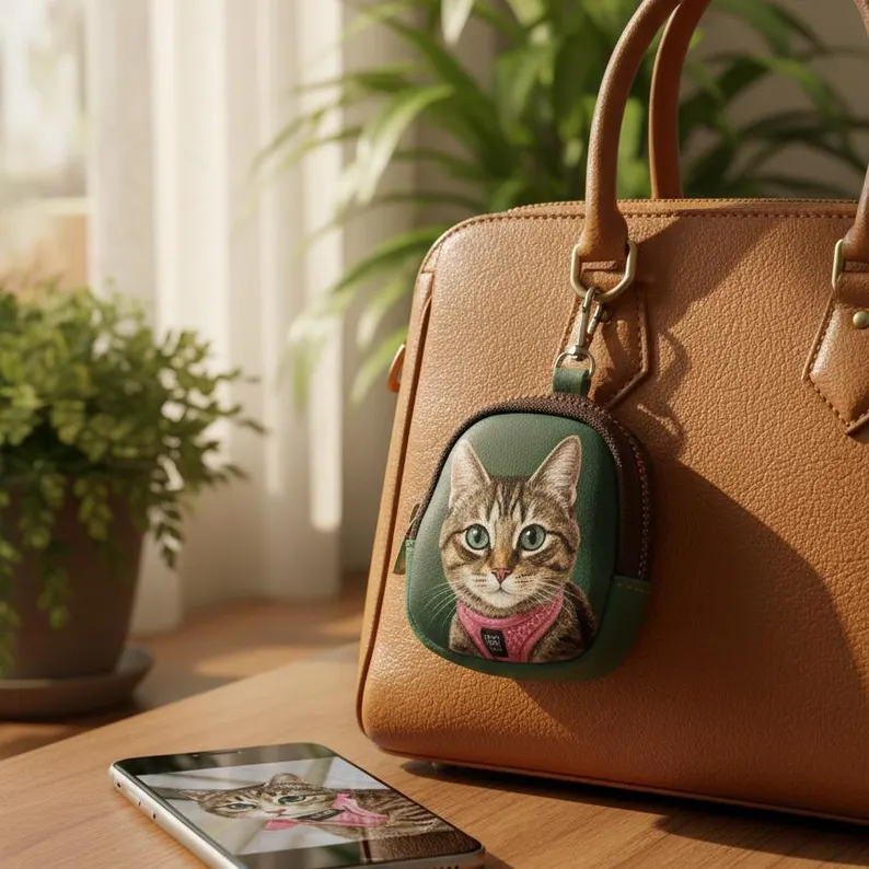 Custom Hand-Painted Pet Portrait Leather Bag Charm, Personalized Dog & Cat Keychain, Multi-Use Coin & Earbud Case