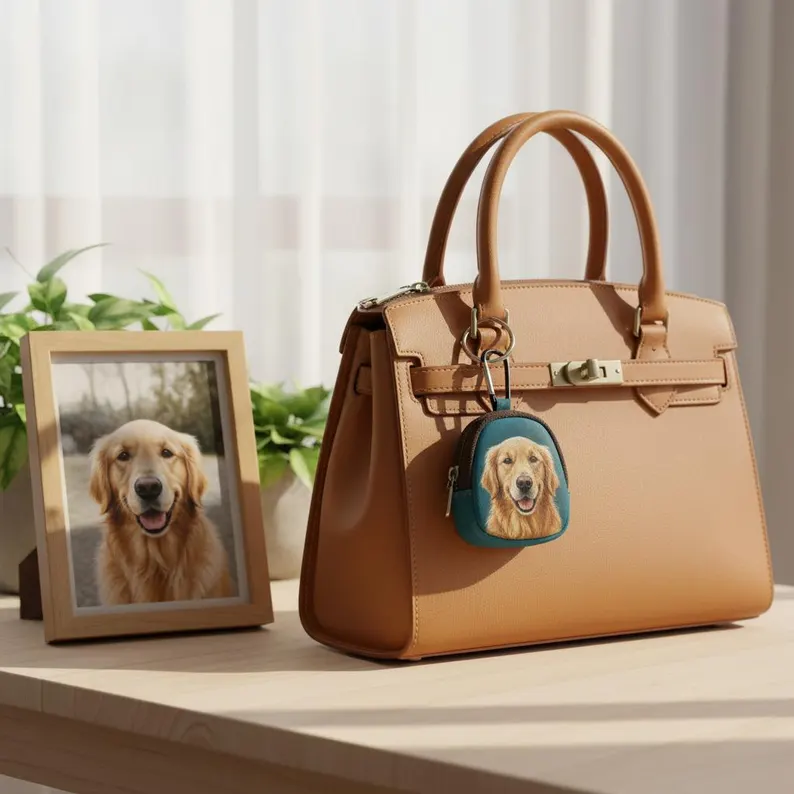 Custom Hand-Painted Pet Portrait Leather Bag Charm, Personalized Dog & Cat Keychain, Multi-Use Coin & Earbud Case