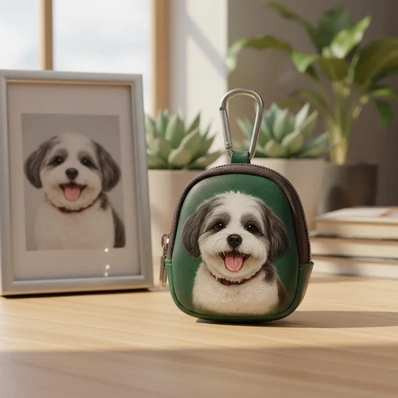 Custom Hand-Painted Pet Portrait Leather Bag Charm, Personalized Dog & Cat Keychain, Multi-Use Coin & Earbud Case