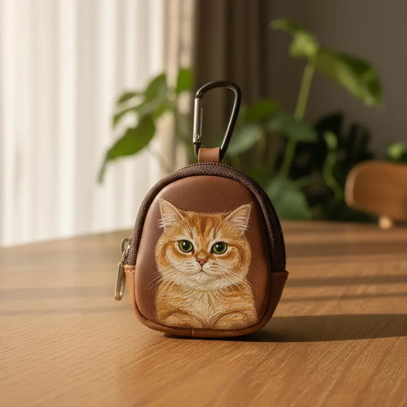 Custom Hand-Painted Pet Portrait Leather Bag Charm, Personalized Dog & Cat Keychain, Multi-Use Coin & Earbud Case
