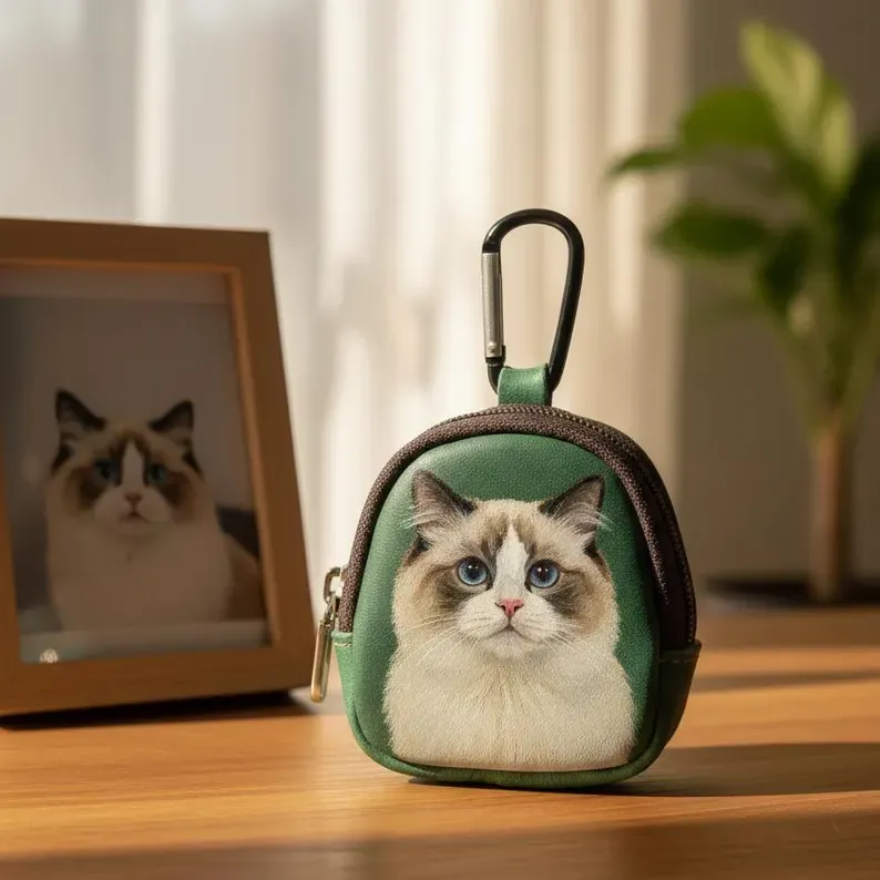 Custom Hand-Painted Pet Portrait Leather Bag Charm, Personalized Dog & Cat Keychain, Multi-Use Coin & Earbud Case