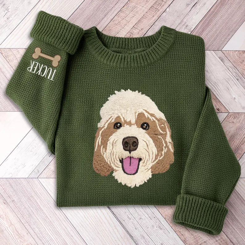 Custom Pet Portrait Knit Sweater, Personalized Dog Embroidered Sweater, Custom Pet Face & Name Pullover, Cozy Dog Mom Gift, Pet Lover Gift
