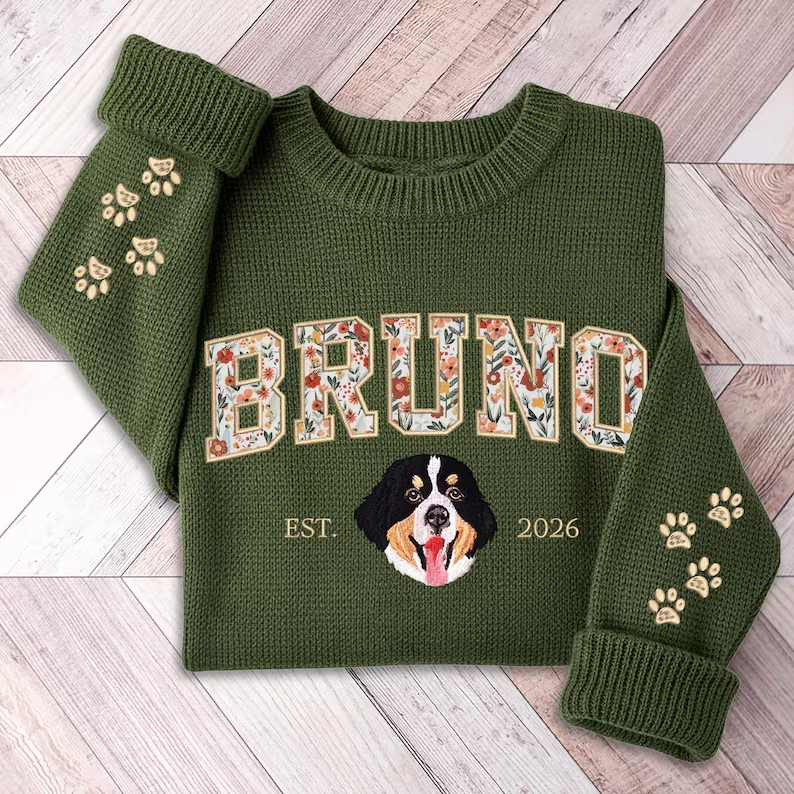 Custom Embroidered Dog Portrait Knit Sweater, Custom Pet Portrait Embroidered Sweatshirt, Pet Embroidered Sweatshirt, Embroidered Dog Hoodie
