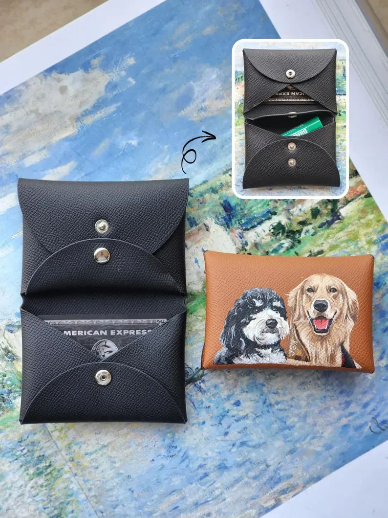 Custom Hand-Painted Pet Portrait Card Holder, Personalized Dog & Cat Wallet, Leather Card Case, Unique Pet Lover Gift