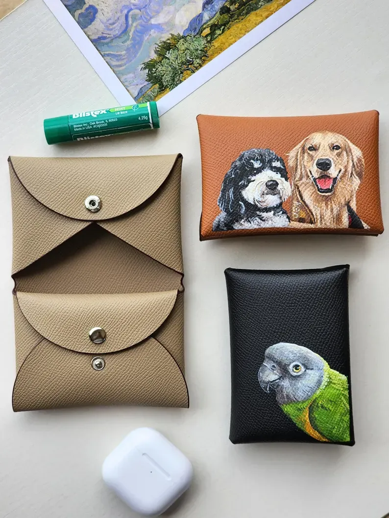 Custom Hand-Painted Pet Portrait Card Holder, Personalized Dog & Cat Wallet, Leather Card Case, Unique Pet Lover Gift