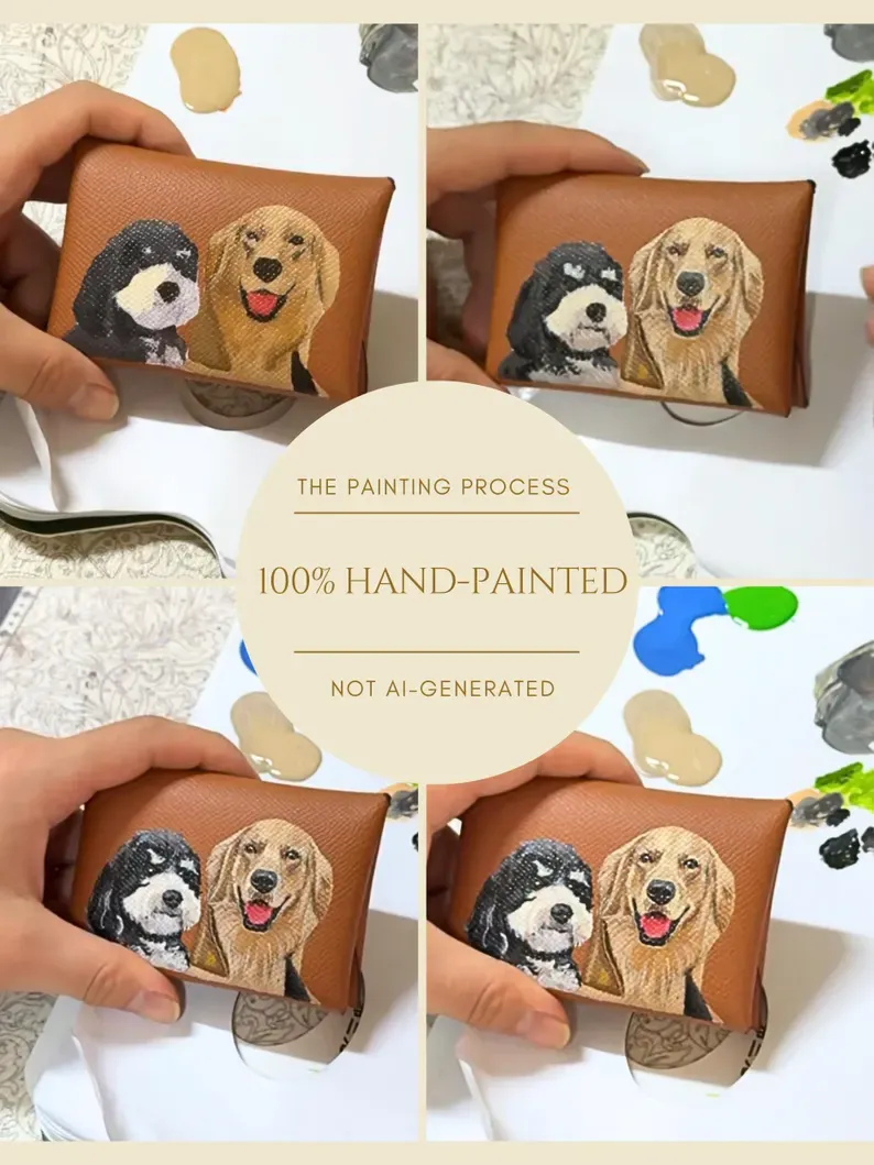 Custom Hand-Painted Pet Portrait Card Holder, Personalized Dog & Cat Wallet, Leather Card Case, Unique Pet Lover Gift