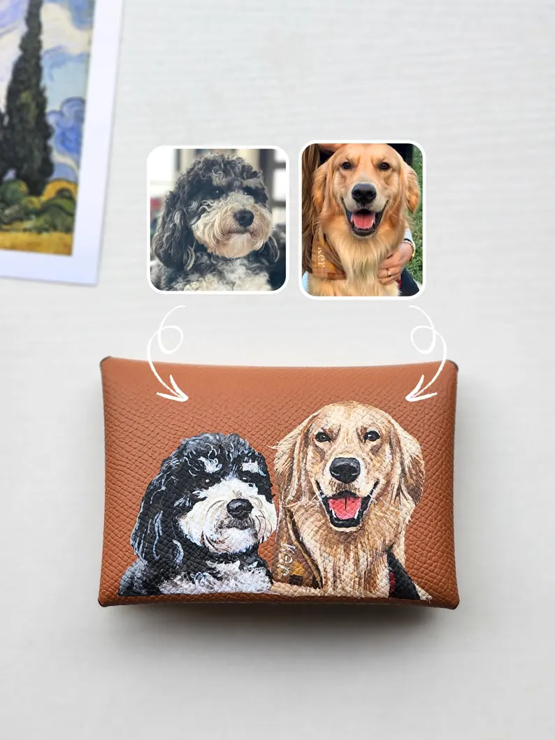 Custom Hand-Painted Pet Portrait Card Holder, Personalized Dog & Cat Wallet, Leather Card Case, Unique Pet Lover Gift