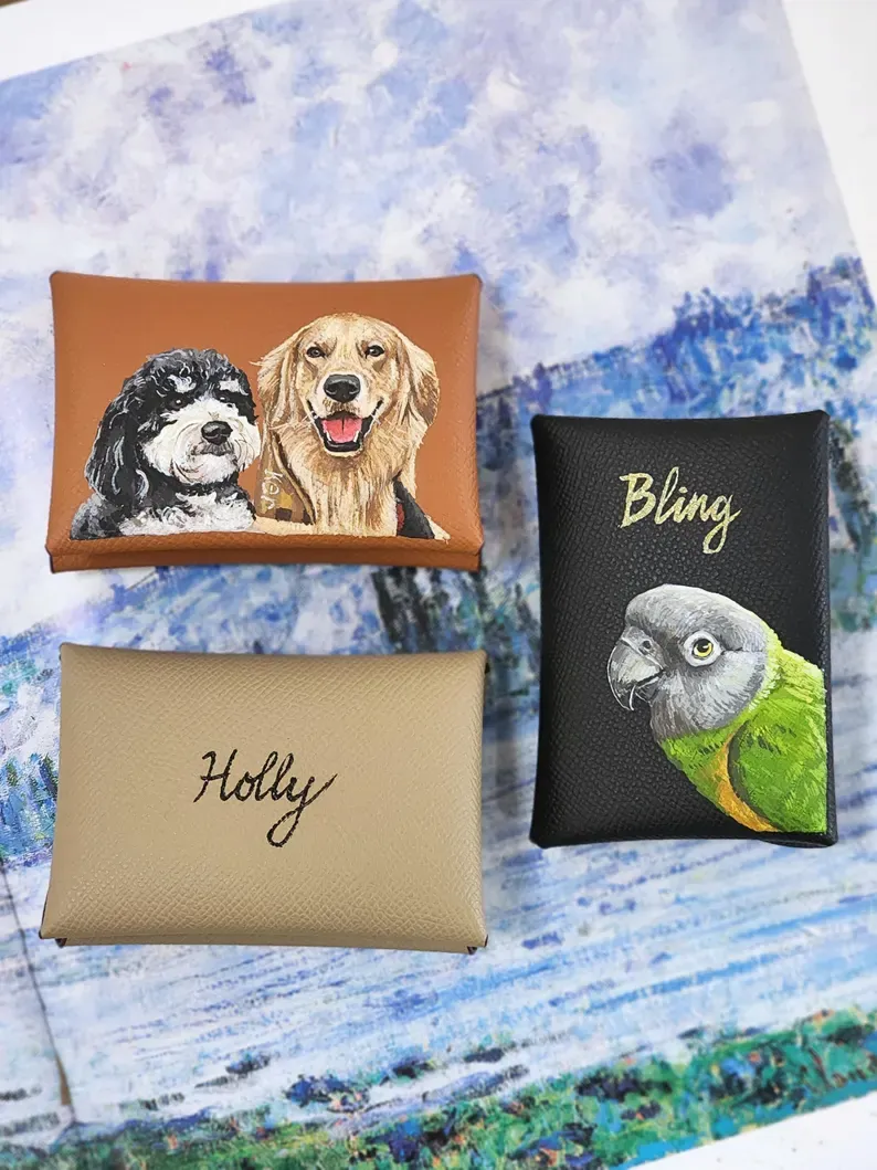 Custom Hand-Painted Pet Portrait Card Holder, Personalized Dog & Cat Wallet, Leather Card Case, Unique Pet Lover Gift
