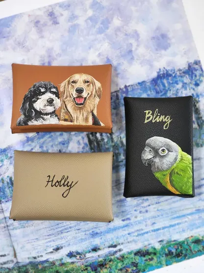 Custom Hand-Painted Pet Portrait Card Holder, Personalized Dog & Cat Wallet, Leather Card Case, Unique Pet Lover Gift
