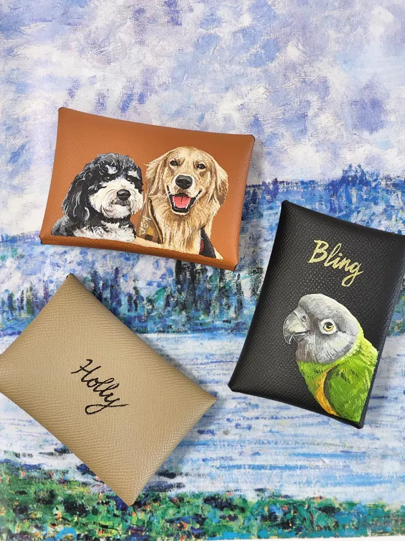 Custom Hand-Painted Pet Portrait Card Holder, Personalized Dog & Cat Wallet, Leather Card Case, Unique Pet Lover Gift