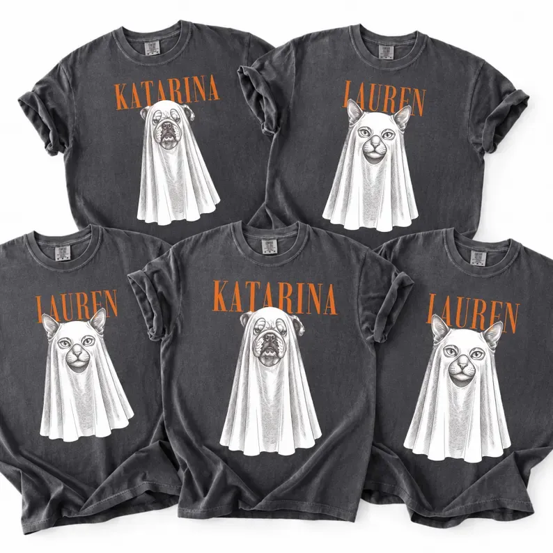 Custom Ghost Pet Shirt, Personalized Halloween Dog & Cat Photo Tee, Pet Ghost Portrait T-Shirt, Dog Mom & Cat Lover Gift