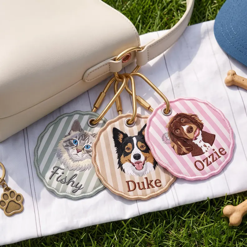 Custom Pet Portrait Embroidered Gingham Keychain, Personalized Dog & Cat Bag Charm, Cute Pet Lover Gift