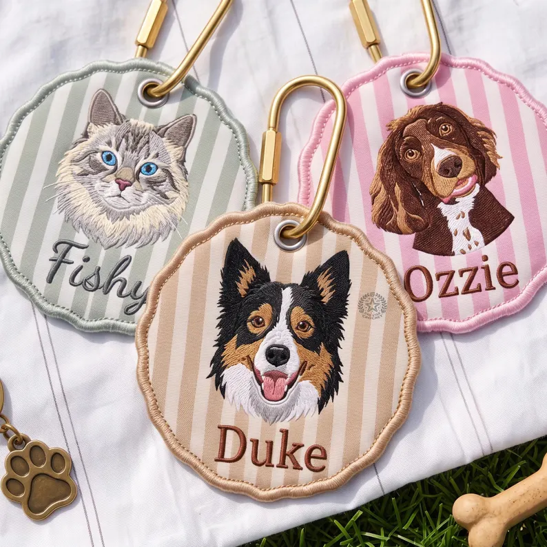 Custom Pet Portrait Embroidered Gingham Keychain, Personalized Dog & Cat Bag Charm, Cute Pet Lover Gift