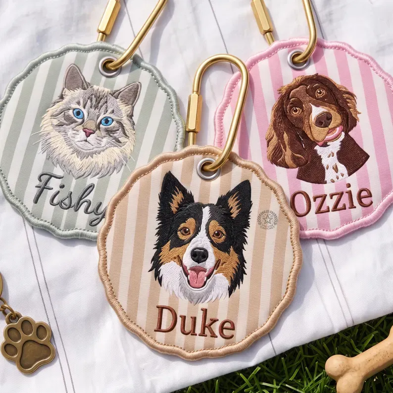Custom Pet Portrait Embroidered Gingham Keychain, Personalized Dog & Cat Bag Charm, Cute Pet Lover Gift