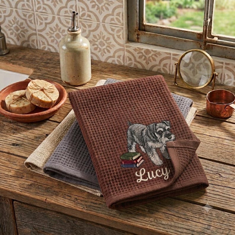Custom Pet Embroidered Waffle Towel, Personalized Dog Cat Portrait Keepsake