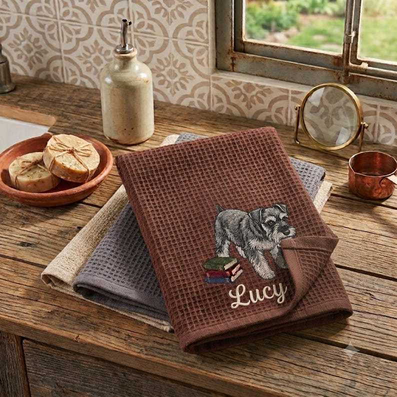 Custom Pet Embroidered Waffle Towel, Personalized Dog Cat Portrait Keepsake