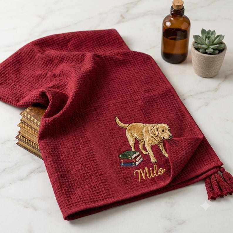 Custom Pet Embroidered Waffle Towel, Personalized Dog Cat Portrait Keepsake