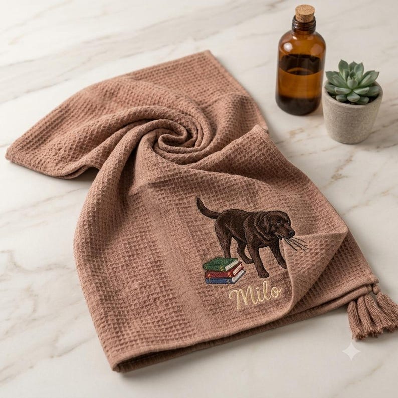 Custom Pet Embroidered Waffle Towel, Personalized Dog Cat Portrait Keepsake