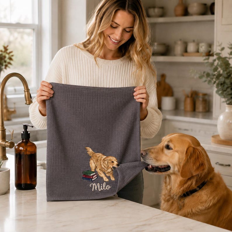 Custom Pet Embroidered Waffle Towel, Personalized Dog Cat Portrait Keepsake