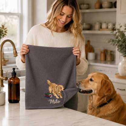 Custom Pet Embroidered Waffle Towel, Personalized Dog Cat Portrait Keepsake