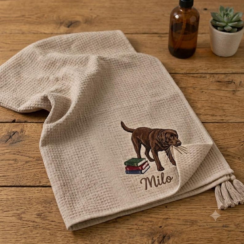Custom Pet Embroidered Waffle Towel, Personalized Dog Cat Portrait Keepsake