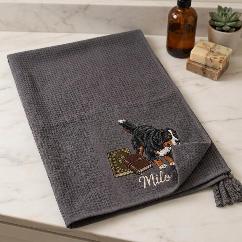 Custom Pet Embroidered Waffle Towel, Personalized Dog Cat Portrait Keepsake