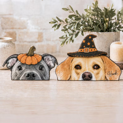 Custom Halloween Dog Portrait Wooden Block, Personalized Witch Dog Decor, Spooky Pet Lover Gift