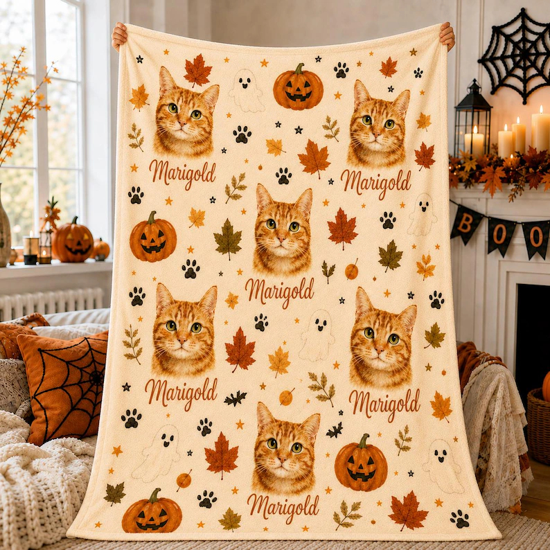 Custom Halloween Pet Portrait Blanket, Personalized Dog & Cat Photo Throw, Pumpkin Pet Lover Gift