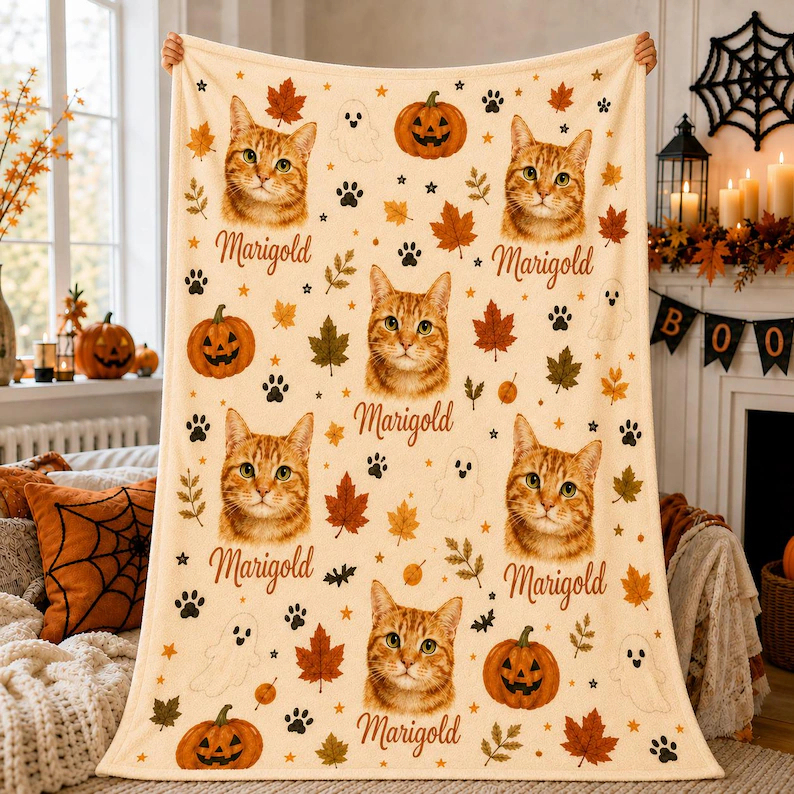 Custom Halloween Pet Portrait Blanket, Personalized Dog & Cat Photo Throw, Pumpkin Pet Lover Gift