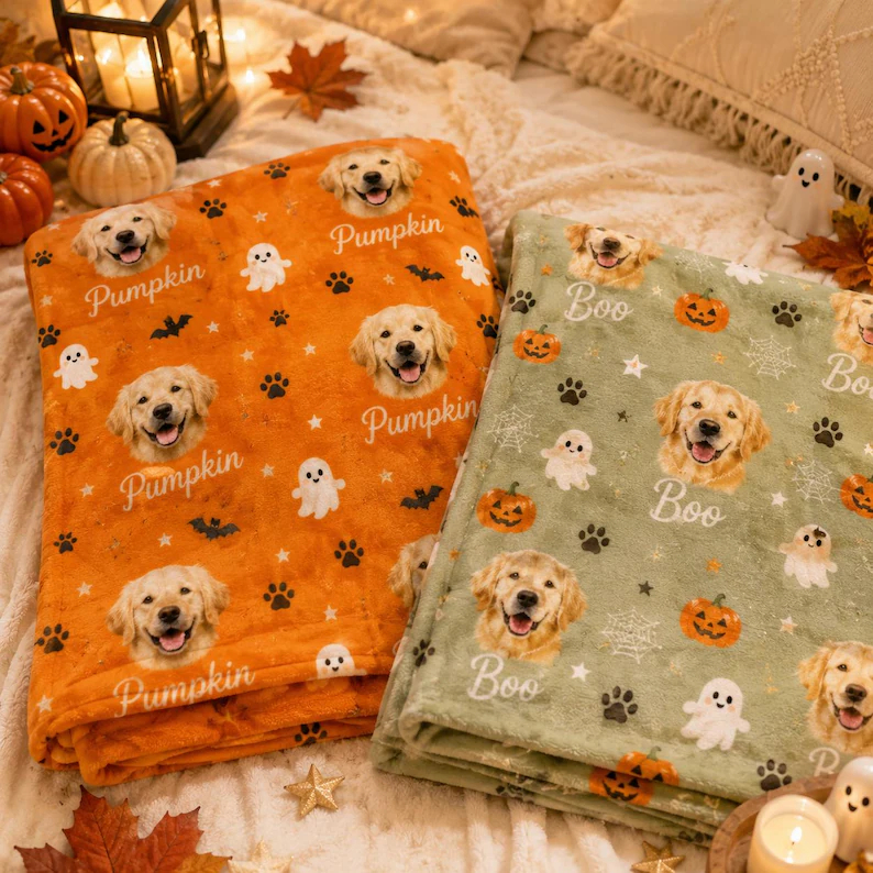 Custom Halloween Pet Portrait Blanket, Personalized Dog & Cat Photo Throw, Pumpkin Pet Lover Gift