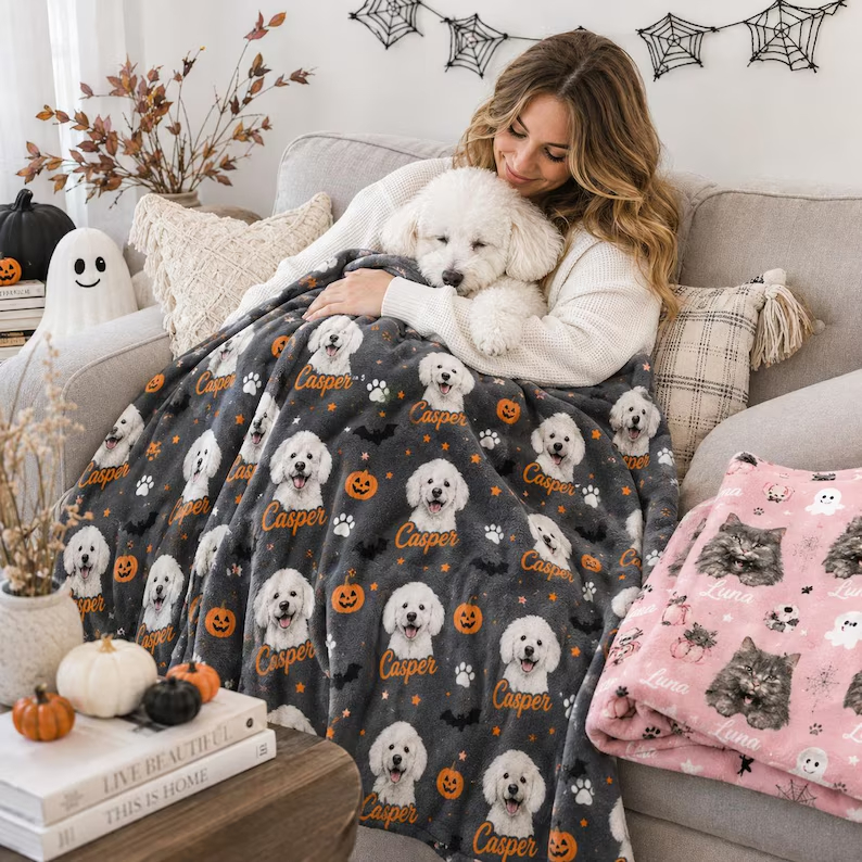 Custom Halloween Pet Portrait Blanket, Personalized Dog & Cat Photo Throw, Pumpkin Pet Lover Gift