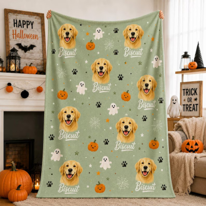 Custom Halloween Pet Portrait Blanket, Personalized Dog & Cat Photo Throw, Pumpkin Pet Lover Gift